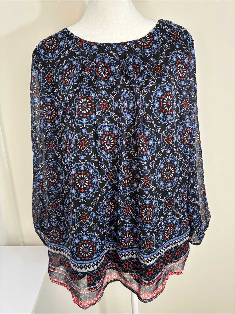 Croft & Barrow Black Floral Medallion Peasant Blouse with Blue & Red Accents L